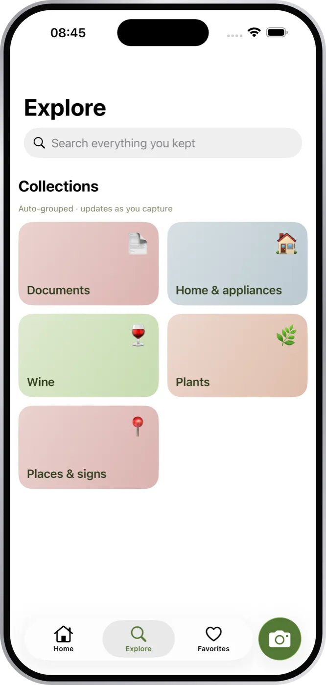 Keeplea's Explore screen, showing collections named Documents, Home and appliances, Wine, Plants, and Places and signs